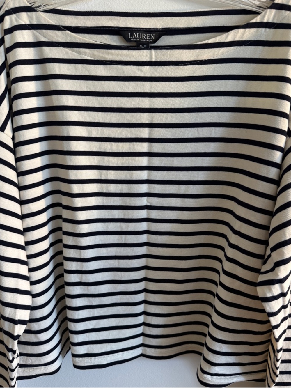 Lauren Ralph Lauren Black and Ivory Striped Long-Sleeve Cropped Boatneck Tee XL - Picture 4 of 5